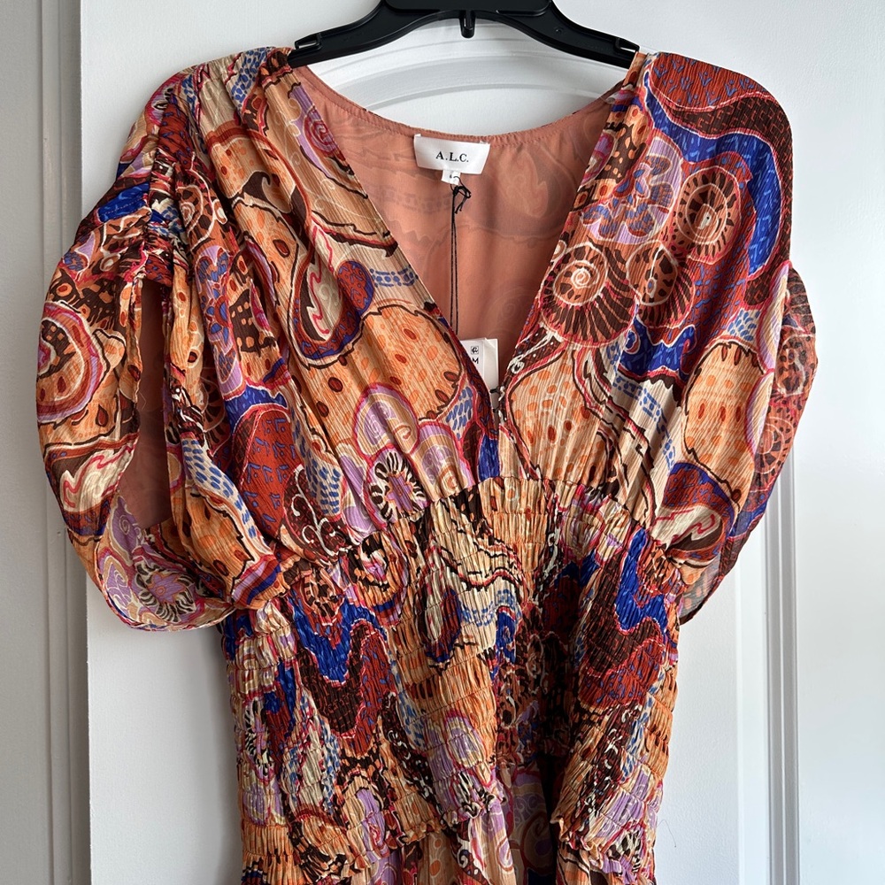 NWT size 6 ALC lined silk dress with orange/mauve/blue/cream